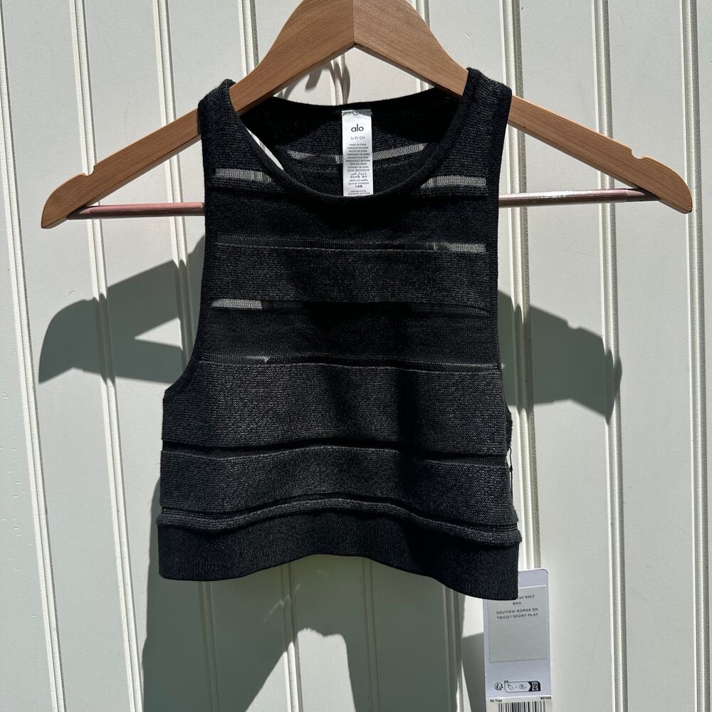 Alo Sport Play Striped Knit Bra Tank Top Size Small Black Onyx NWT High Neck